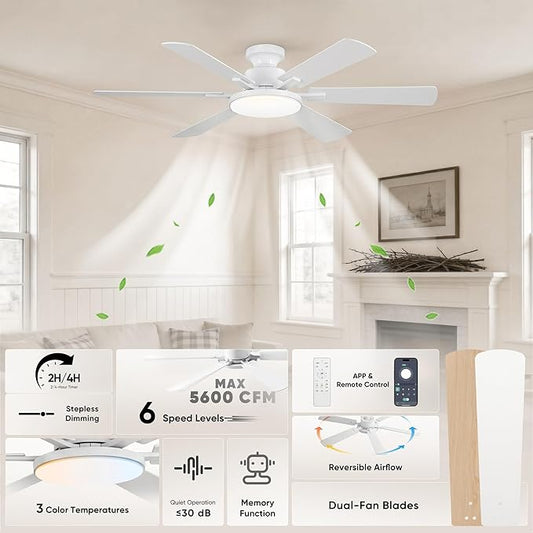 52 Inch Ceiling Fans with Lights, 6 Double Sided Blades, Ultra Quiet Reversible DC Motor, Remote & APP Control, 6 Speeds, 3CCT Dimmable LED with Memory Function, Flush Mount for Living Room, White