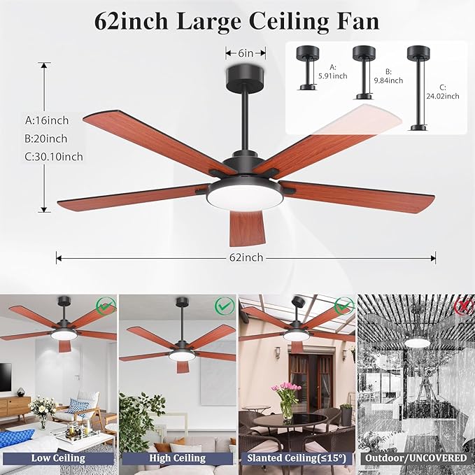 DIAMONDFORGE Ceiling Fans with Lights and Remote Control,Indoor/Outdoor Flush Mount Low Profile Commercial Reversible Dimmable Wood Grain Ceiling Fans for Living Room Patio Industrial Shop, 62 inch