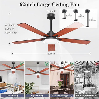 DIAMONDFORGE Ceiling Fans with Lights and Remote Control,Indoor/Outdoor Flush Mount Low Profile Commercial Reversible Dimmable Wood Grain Ceiling Fans for Living Room Patio Industrial Shop, 62 inch