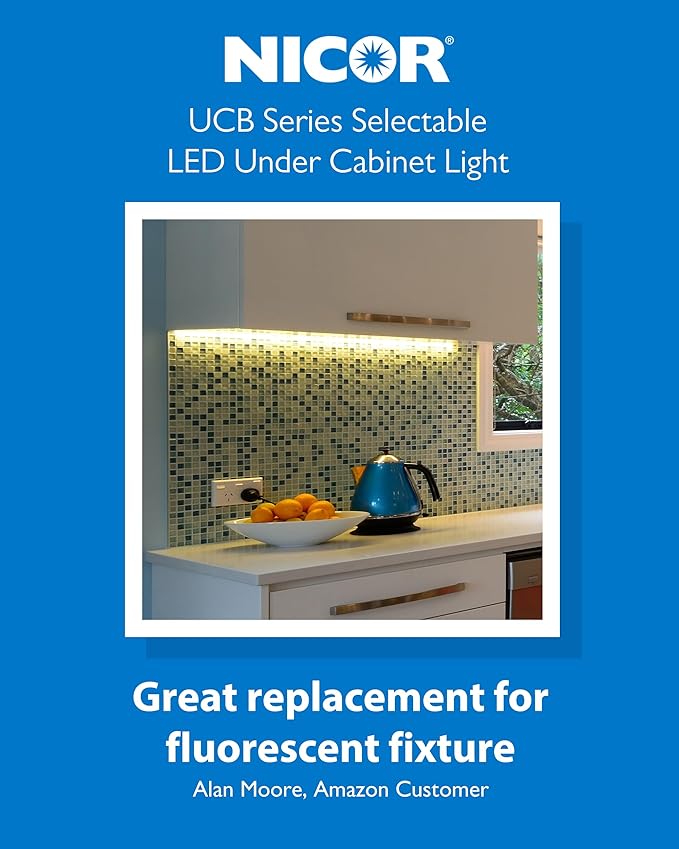 9” LED Direct Wire Under Cabinet Light - Dimmable Undercounter LED Lights for Kitchen - Selectable CCT 2700K-5000K, 340-360 Lumens, 5W - UCB Series Hardwired Under Cabinet Lighting by NICOR Lighting