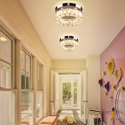9.8" Modern Mini LED Crystal Chandelier Round Crystal Ceiling Light Flush Mount Light Fixture Small Ceiling Light for Hallway Foyer Kitchen Closet Warm White