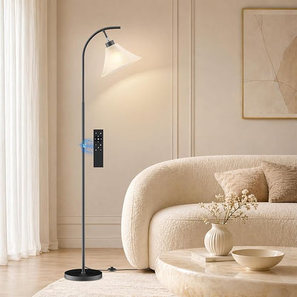 SIBRILLE Glass Floor Lamp, Dimmable Black Standing Lamp with Remote Control & 3 Color Temperatures, Modern Arc Floor Lamps for Living Room Bedroom Office Corner, 9W LED Bulb Included