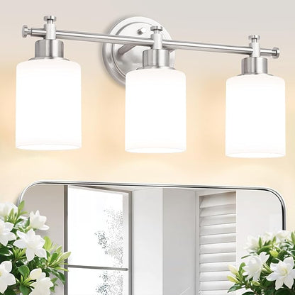 3-Light Bathroom Vanity Light Fixtures, Brushed Nickel Bathroom Wall Sconce, Modern Vanity Light with Milky White Glass Shade Over Mirror, Bathroom, Bedroom, E26 Base, 17 Inch