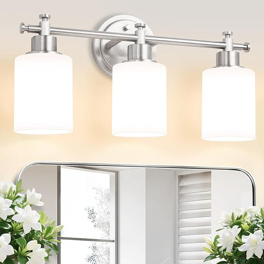 3-Light Bathroom Vanity Light Fixtures, Brushed Nickel Bathroom Wall Sconce, Modern Vanity Light with Milky White Glass Shade Over Mirror, Bathroom, Bedroom, E26 Base, 17 Inch