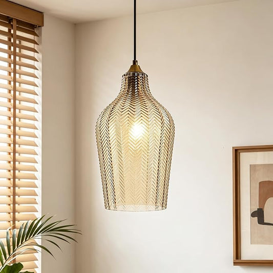 Amber Glass Gold Pendant Light, Farmhouse Kitchen Island Pendant Light Fixture Adjustable Vintage Hanging Ceiling Light for Dining Room Corridor Bedroom 1 Pack, UL Certification