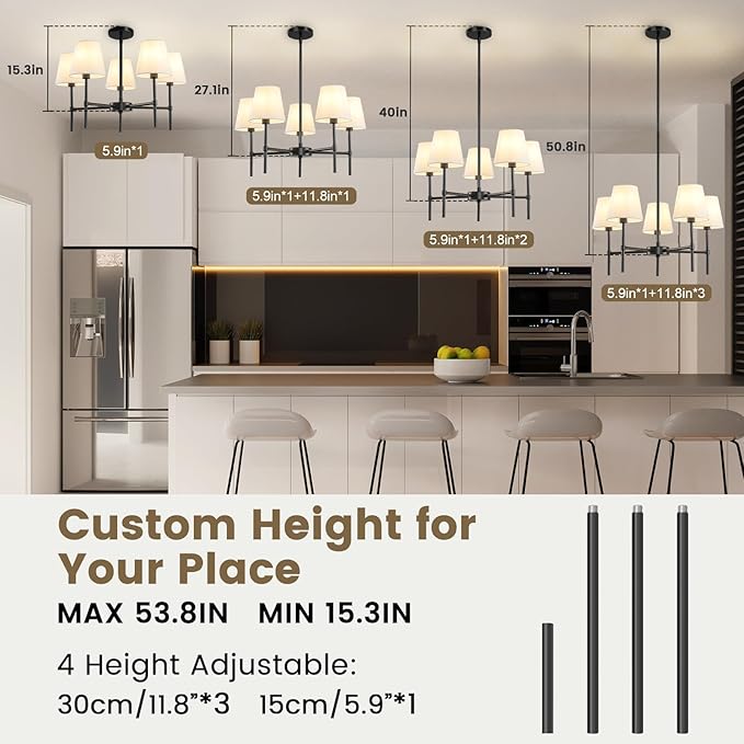 RUIYEY Dining Room Chandeliers Light - 5-Light 25.6 Inch Black Modern Chandeliers Light Fixtures with White Fabric Shade, Height Adjustable Pendant Island Lights for Entryway Farmhouse