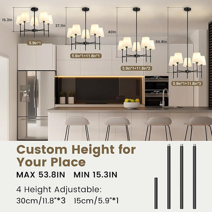 RUIYEY Dining Room Chandeliers Light - 5-Light 25.6 Inch Black Modern Chandeliers Light Fixtures with White Fabric Shade, Height Adjustable Pendant Island Lights for Entryway Farmhouse