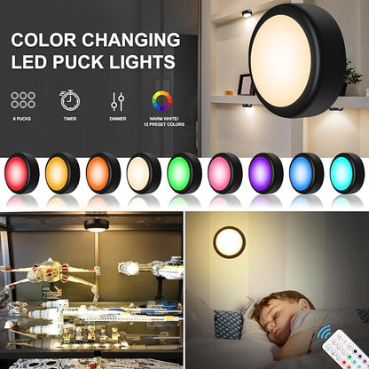 BLS LED Puck Lights with Remote Control, Wireless Under Cabinet & Closet Lighting, RGB 13 Color Changing Lights with Dimmer, Timer & AA Battery Operated, Push, Touch, Stick on for Night, Black, 6 Pack