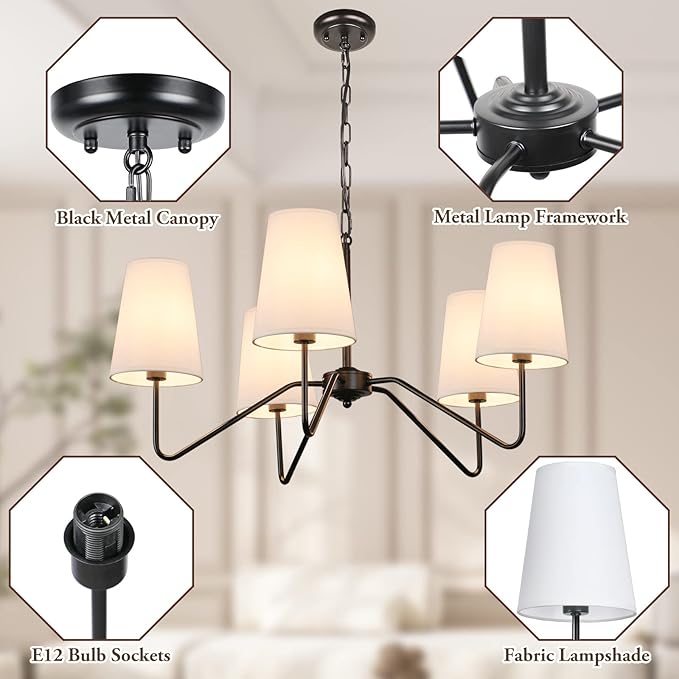 5-Light 30” Modern Chandelier with White Shades, Classic Pendant Ceiling Light Fixture for Dining Room, Black Chandelier with E12 Base Hanging Lamp for Living Room Hallway Bedroom, Height Adjustable