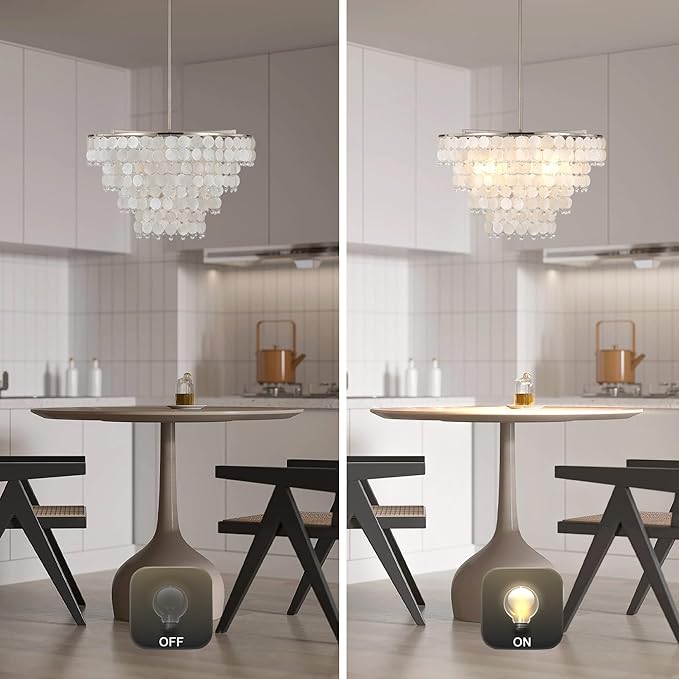 Natural Capiz Shell Chandelier, Coastal Modern Chandelier, Hanging Round Layered Pendant Lighting(4 Light, Nickel)