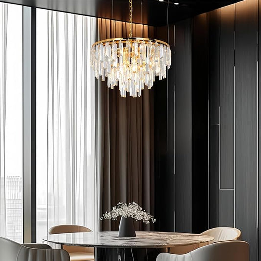 Modern Gold Crystal Chandelier, 18" Round Chandeliers for Dining Room 4-Tier 6 Lights Luxury Top K9 Crystal Ceiling Pendant Light Fixture for Foyer Bedroom Closet