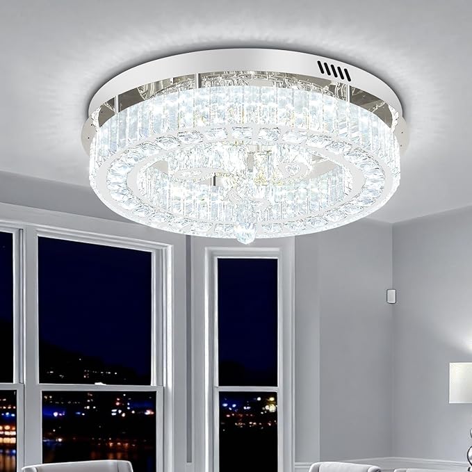 20'' Silver Modern Crystal Chandelier LED Dimmable Flush Mount Crystal Ceiling Light for Living Room Bedroom Dining Room