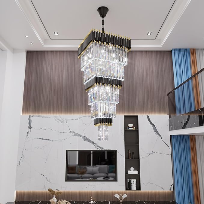 W24 x H80 Large Black Gold Chandeliers for High Ceiling, 15-Light Square Tiered K9 Crystal Raindrop Chandelier, Adjustable Height Luxury Pendant Light for Staircase, Villa Foyer, Entryway