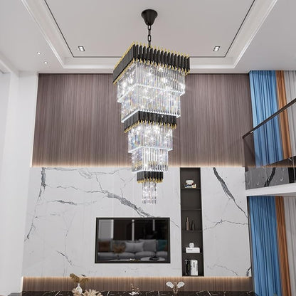 W24 x H80 Large Black Gold Chandeliers for High Ceiling, 15-Light Square Tiered K9 Crystal Raindrop Chandelier, Adjustable Height Luxury Pendant Light for Staircase, Villa Foyer, Entryway
