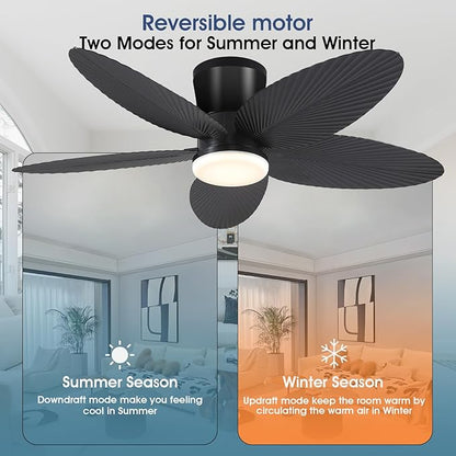 Surtime Palm Leaf Ceiling Fans with Lights-42 Tropical Ceiling Fan with Light and Remote/APP Control,Flush Mount Low Profile Black Ceiling Fans for Bedroom,Indoor/Outdoor Patio Use