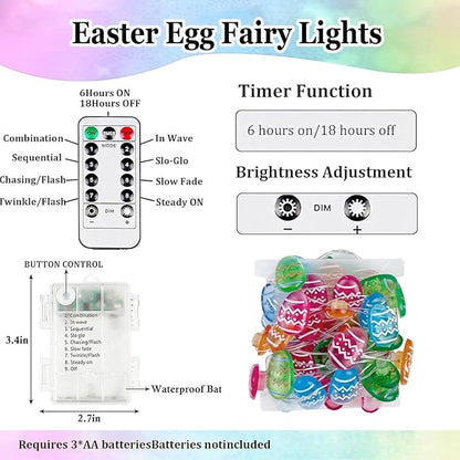 Easter Decorations Easter Egg Lights, Pastel Fairy Lights Battery Operated with Remote & 8 Modes & Timer, Waterproof Twinkle String Light Indoor Outdoor for Spring Themed Party Home Decor (Multicolor)