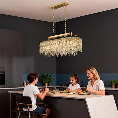 12-Lights Modern Gold Crystal Chandeliers for Dining Room Light Fixtures Over Table | L36" Luxury Crystal Chandeliers for Kitchen Island | Oval Hanging Lighting for Living Room Bedroom Bathroom