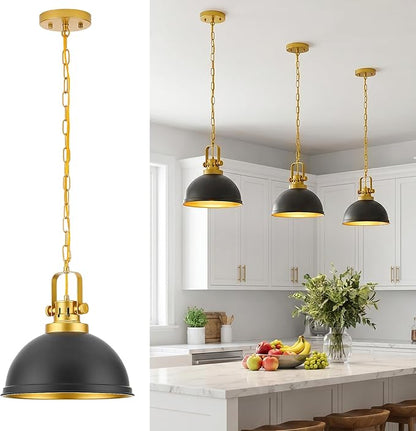 Black and Gold Pendant Lights Kitchen Island, 11.8 Modern Dome Pendant Lighting with Adjustable Chain Gold Metal Hanging Light Fixture for Kitchen Dining Room Restaurant Entrance Foyer Sink