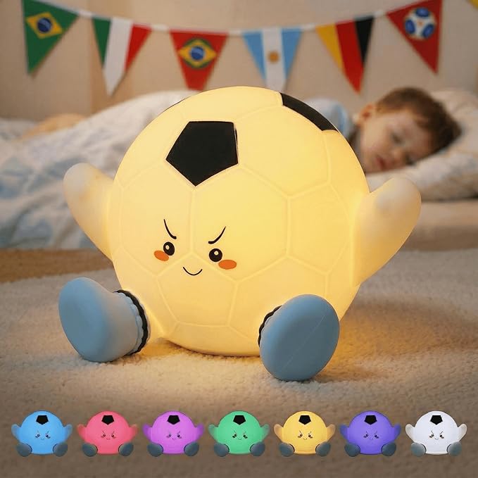 Soccer Night Light for Kids, Rechargeable Silicone Light Up Soccer Ball Lamp, 7-Color Tap Control Dimmable Bedside Nightlight, Cool Soccer Room Decor Stuff, Birthday Gifts for Boys 8-12 & Teens