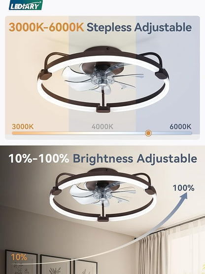LEDIARY Ceiling Fans with Lights and Remote, 20'' Low Profile Ceiling Fan with Light, 3000-6000K Dimmable Fandelier LED Fan Light, 6 Wind Speeds, Brown Modern Flush Mount Ceiling Fan for Bedroom