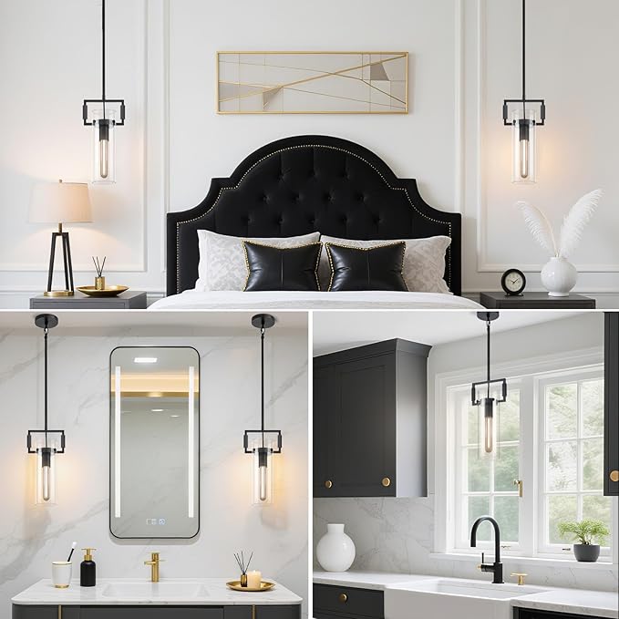 Mondern Black Kitchen Island Pendant Lights,12'' Glass Island Pendant Light,Farmhouses Knurled Pendant Light, for Kitchen,Dining Room,Bathroom,Bulb Included