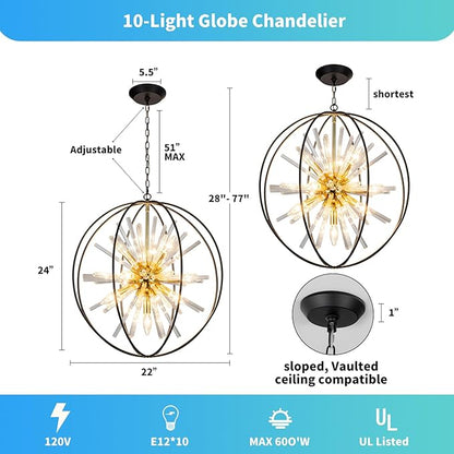Vezzio 22 Inch Black and Gold Chandelier Modern Chandeliers for Living Room 10-Light Globe Sputnik Chandelier Round Hanging Chandelier for Foyer Entryway Stairway Kitchen Island