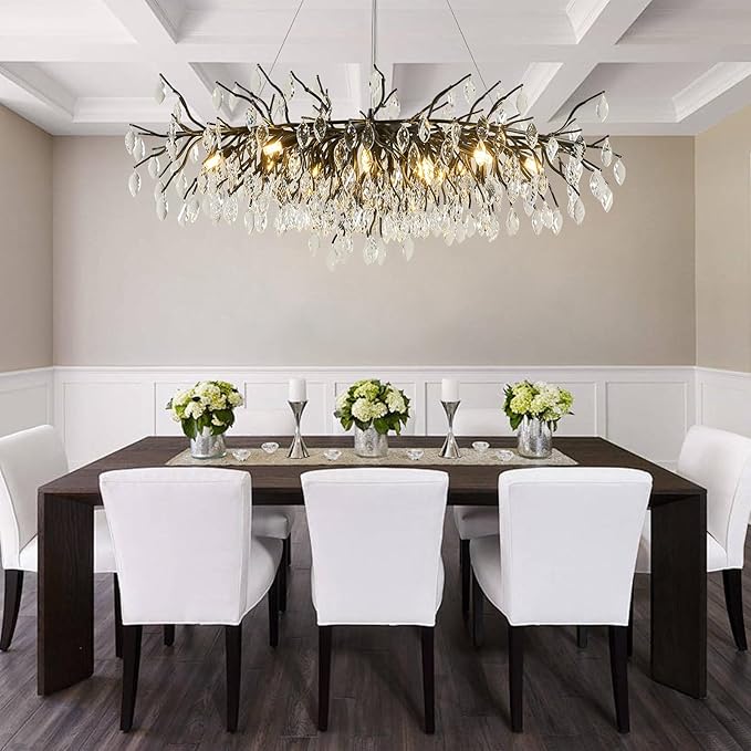 Large Crystal Chandeliers for Dining Room, L47.2" Black Tree Branch Rectangular Chandelier, Dining Room Light Fixture 13-Light High Ceiling Pendant Lights, Linear Chandeliers for Foyer, Living Room