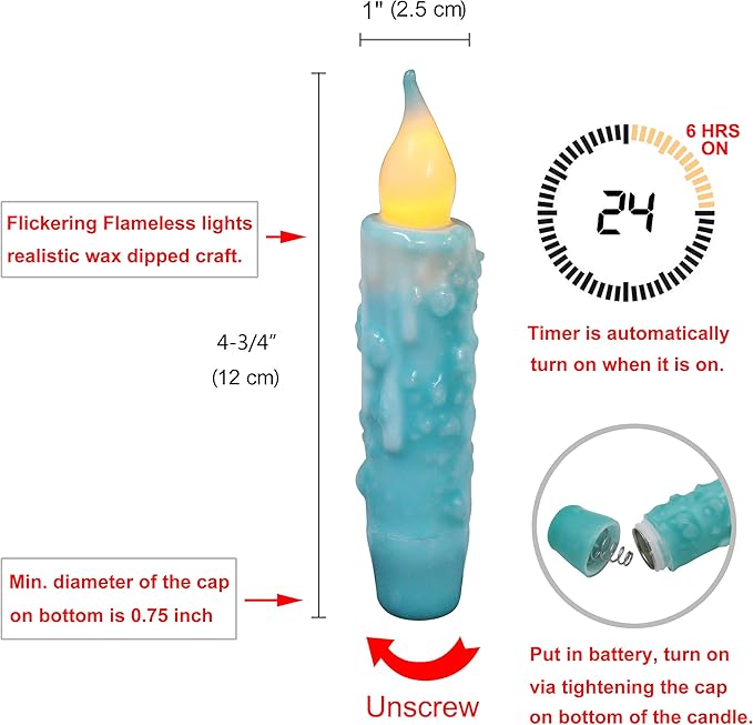CVHOMEDECO. Real Wax Hand Dipped Battery Operated LED Timer Taper Candles Rustic Primitive Flameless Lights Decor, 4-3/4 Inch, Teal, 6 PCS in a Package