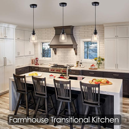 Industrial Mini Pendant Light Fixture Modern Clear Glass Adjustable Cord for Kitchen Island Dining Room Sink, Black, 3 Packs