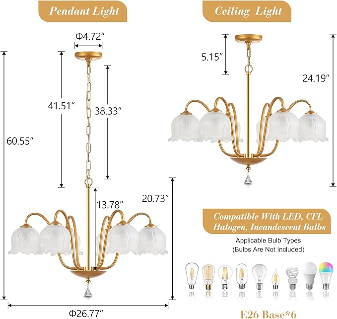 Modern Glass Chandelier Gold Flower Lamp Glass Shades Ceiling Pendant Light Fixture 6 Lights Luxury Large Chandeliers for Dining Room Bedroom Entryway