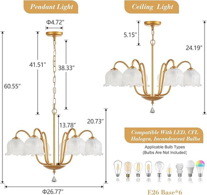 Modern Glass Chandelier Gold Flower Lamp Glass Shades Ceiling Pendant Light Fixture 6 Lights Luxury Large Chandeliers for Dining Room Bedroom Entryway