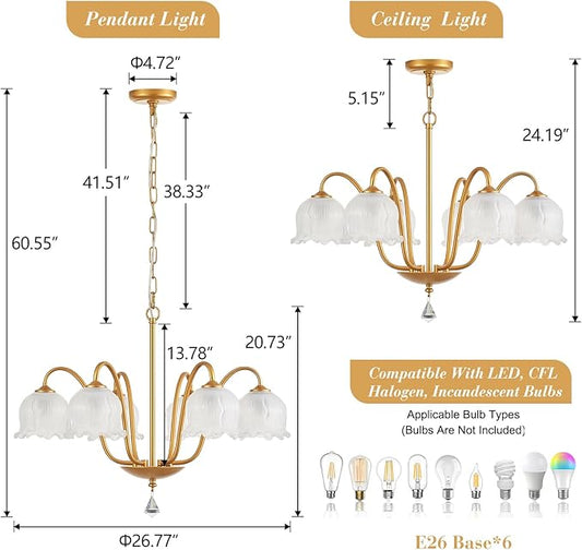 Modern Glass Chandelier Gold Flower Lamp Glass Shades Ceiling Pendant Light Fixture 6 Lights Luxury Large Chandeliers for Dining Room Bedroom Entryway