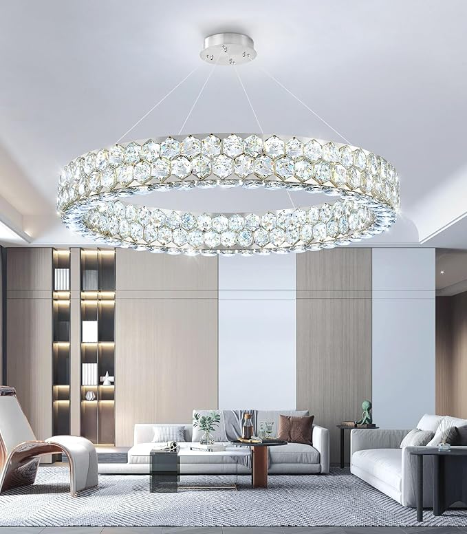 Modern Ring Chandelier, Crystal Chandeliers for Dining Room Round LED Ceiling Light Fixture for Living Room Bedroom Lighting Dimmable with Remote Ring Lights, 32inch Width