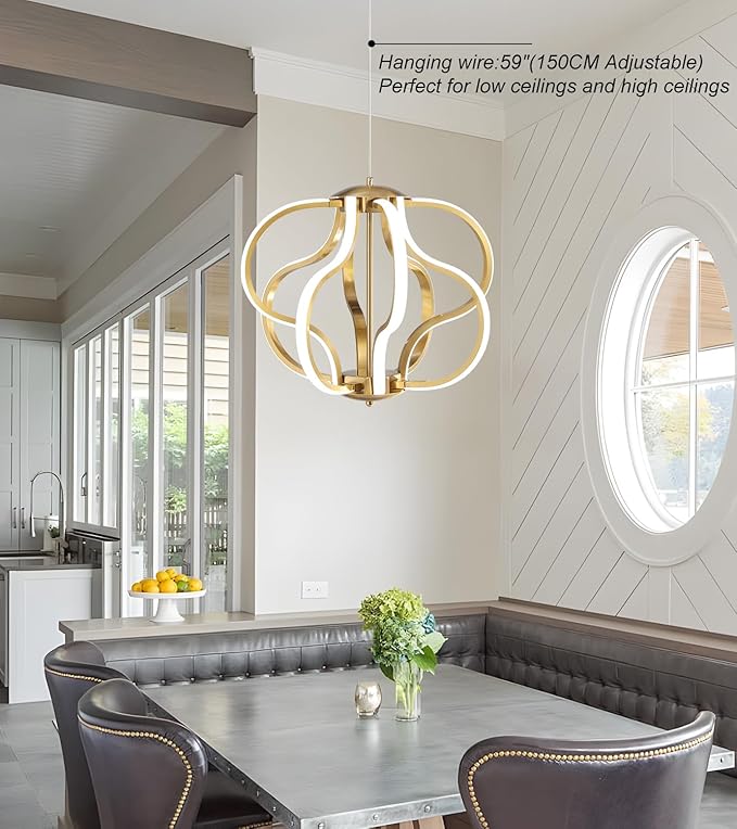 Modern Gold LED Chandelier with Remote Control, Dimmable LED Chandelier with 3 Color Temperature,8 Lights Hanging Pendant Lights for Dining Room Foyer Entryway Kitchen Living Room