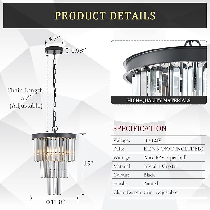 CATINER 3 Tiers Black Crystal Pendant Light, Mini Smoke Gray K9 Crystal Chandelier Modern Pendant Light Fixture for Kitchen Island Dining Room Hallway Bedroom Closet