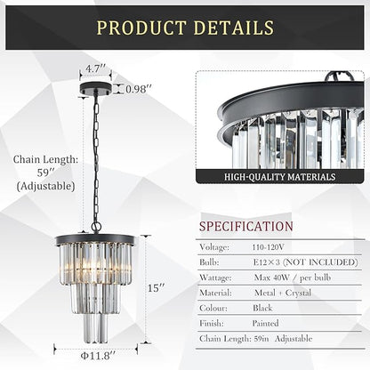 CATINER 3 Tiers Black Crystal Pendant Light, Mini Smoke Gray K9 Crystal Chandelier Modern Pendant Light Fixture for Kitchen Island Dining Room Hallway Bedroom Closet