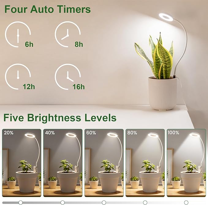 LORDEM Grow Lights for Indoor Plants, 2 in 1 Full Spectrum Plant Light with 360° Gooseneck, 48 LEDs, Auto Timer 6/8/12/16H, 3 Lighting Modes,5 Brightness Levels for Small Plants, 2 Pack White