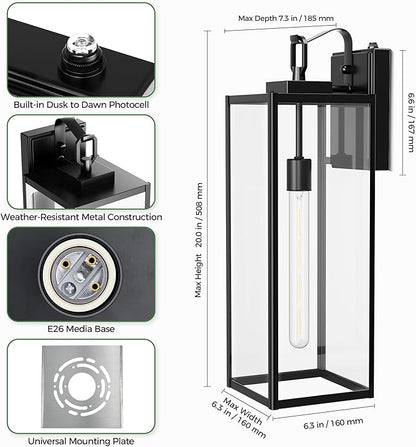 DORESshop 20 Inch Large Size Dusk to Dawn Outdoor Wall Lights, Matte Black Waterproof Anti-Rust Outdoor Light Fixtures Wall Mount with Clear Glass Shade for Porch, with T30 Light Bulbs, 2 Pack