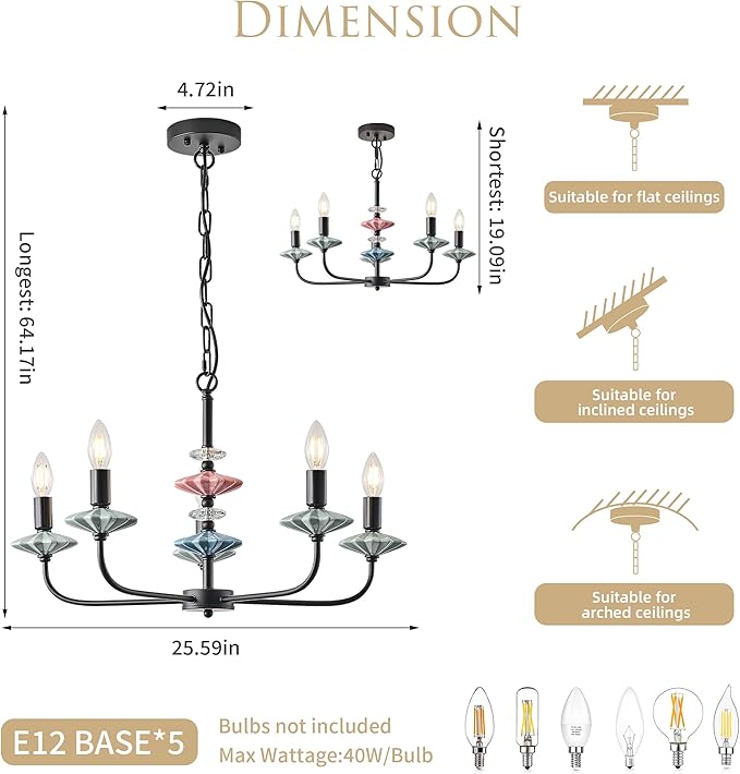 Black Chandeliers for Dining Room Light Fixture Over Table,5-Light Art Deco Chandelier, Modern Retro Candle Chandelier with Ceramic,Farmhouse Chandelier for Girls Bedroom，Living Room，Foyer