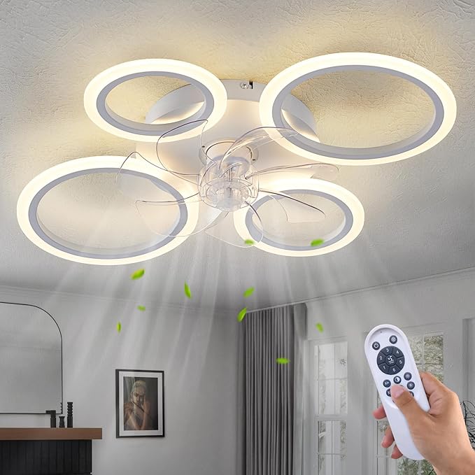 26" White Geometric Circular Ceiling Fan with Lights Remote Control, 3 Colors 6 Speeds Low Profile Ceiling Fan with Light for Kitchen Bedroom