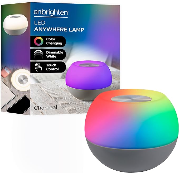 Enbrighten Color-Changing LED Lamp, Modern Night Light, Dimmable White & Vibrant RGB, Touch Sensor On/Off, Compact, Ideal for Bedside, Office, Dorm, Kid's Room, Gray, 48080