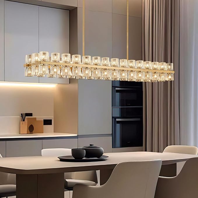 Crystal Gold Rectangular Chandelier for Dining Room, 54 in Light Fixture Dining Room Chandeliers Over Table, Modern Crystal Chandeliers Pendant Light for Kitchen Island, Living Room