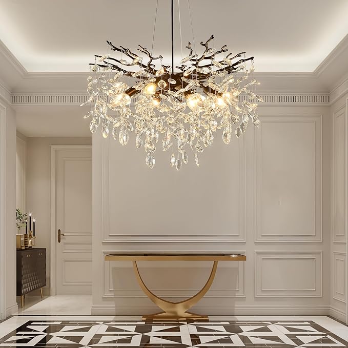 EGM Black 24 Inch Tree Branch Crystal Chandelier, Modern Raindrop Crystal Ceiling Light Fixtures 8-Light(E12), Hanging Round Chandeliers for Dining Room Living Room Bedroom Foyer