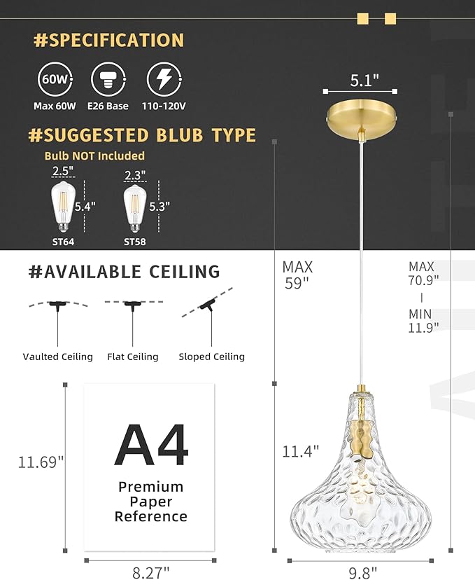 AUTELO Gold Pendant Lights, 10" Hammered Pendant Lights Kitchen Island, Farmhouse Hanging Lights in Brushed Gold Finish and Clear Hammered Glass, Hanging Light Fixture for Kitchen Island, H9164 HMBG