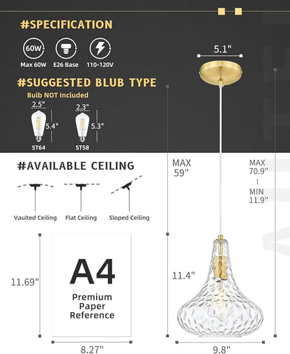 AUTELO Gold Pendant Lights, 10" Hammered Pendant Lights Kitchen Island, Farmhouse Hanging Lights in Brushed Gold Finish and Clear Hammered Glass, Hanging Light Fixture for Kitchen Island, H9164 HMBG