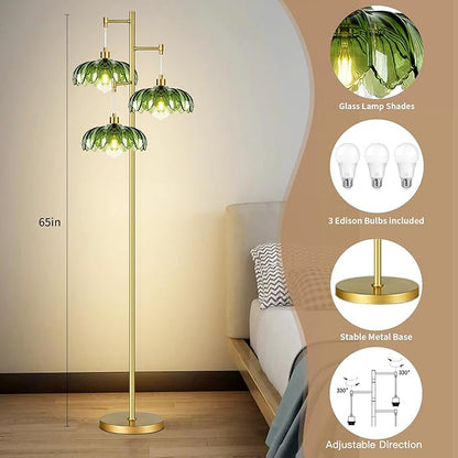 ZECOXOL Gold Floor Lamps for Living Room Bedroom-3 Light Glass Floor Lamp with Three Led Bulb,Mid Century Standing Lamp Vintage Brass Tall Lamp Tree Floor Lamp for Bedroom Corner