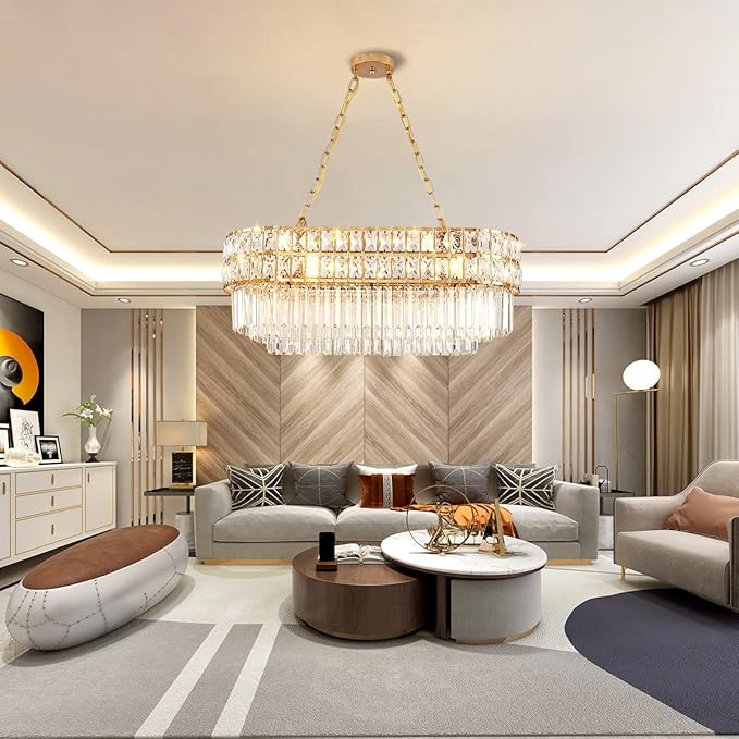 Modern Crystal Chandelier Gold Finish Light Fixture, Oval Crystal Pendant Light Hanging Lamp, for Living Room, Dining Room, Restaurant, E12 x 8, 29.5 x 13 inch