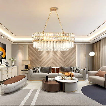 Modern Crystal Chandelier Gold Finish Light Fixture, Oval Crystal Pendant Light Hanging Lamp, for Living Room, Dining Room, Restaurant, E12 x 8, 29.5 x 13 inch