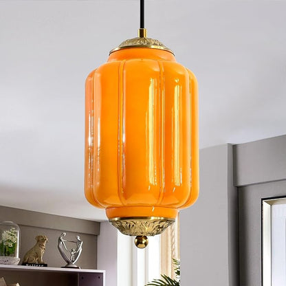 Milk Glass Pendant Light, 5.5 Inch Yellow Adjustable Cord Hanging Lamp, Dimmable E26 Base Vintage Pendant Light Fixture for Bedroom Bathroom Entryway