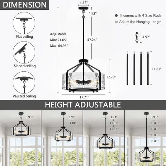 Luupyia 17.7 Inches Glass Drum Chandelier Black, 4Lights Modern Glass Chandelier, Height Adjustable Drum Chandeliers Crystal Pendant Light Dining Room Kitchen Entryway Chandeliers for Foyer